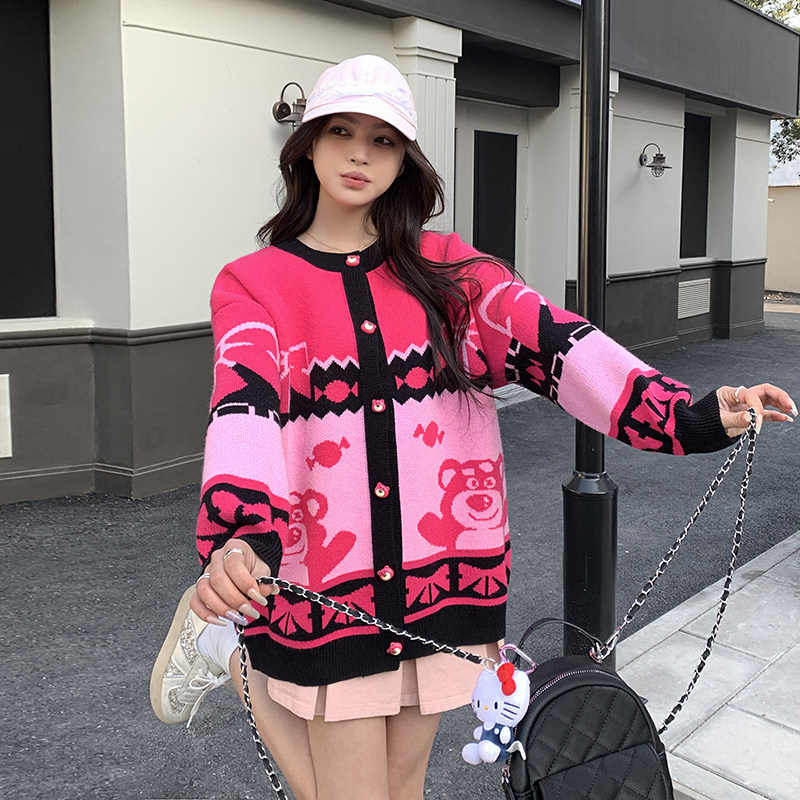 韩系多巴胺短款拼色针织开衫外套女春秋超火好看高级小众夹克上衣,女装短外套,依依服饰