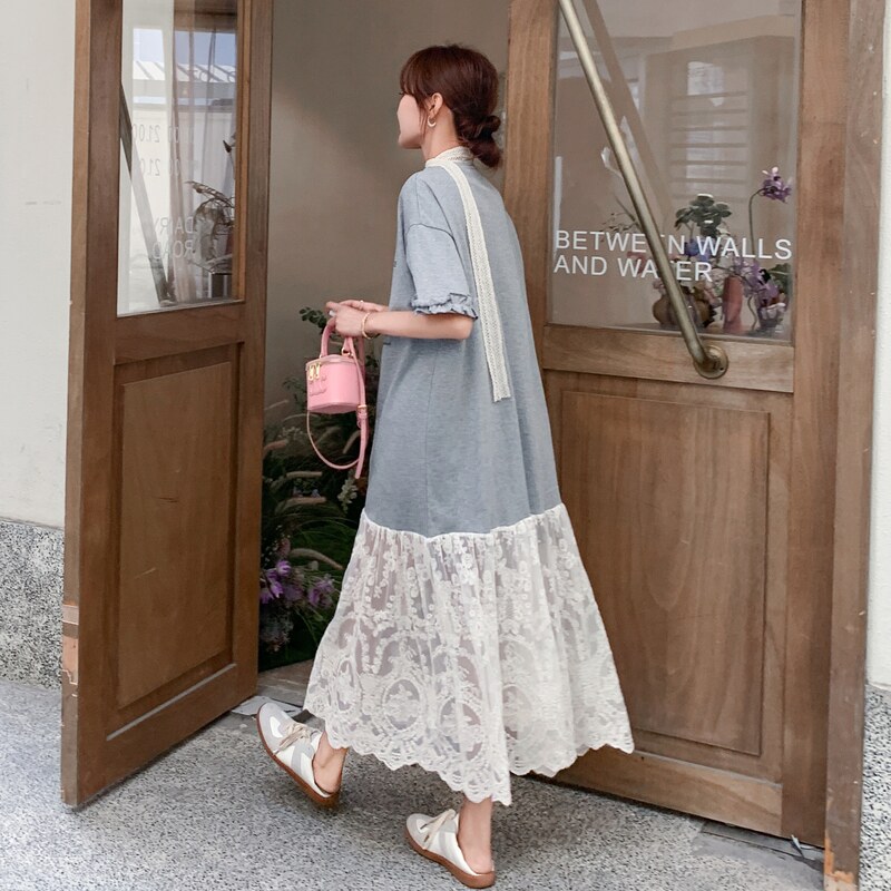 新品现货！灰色卡通印花宽松蕾丝拼接T恤连衣裙8065-P125控188,女装连衣裙,依依服饰