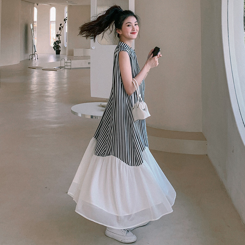 新款现货！正版条纹雪纺拼接超显瘦连衣裙2250-P100控158有，女装连衣裙，依依服饰