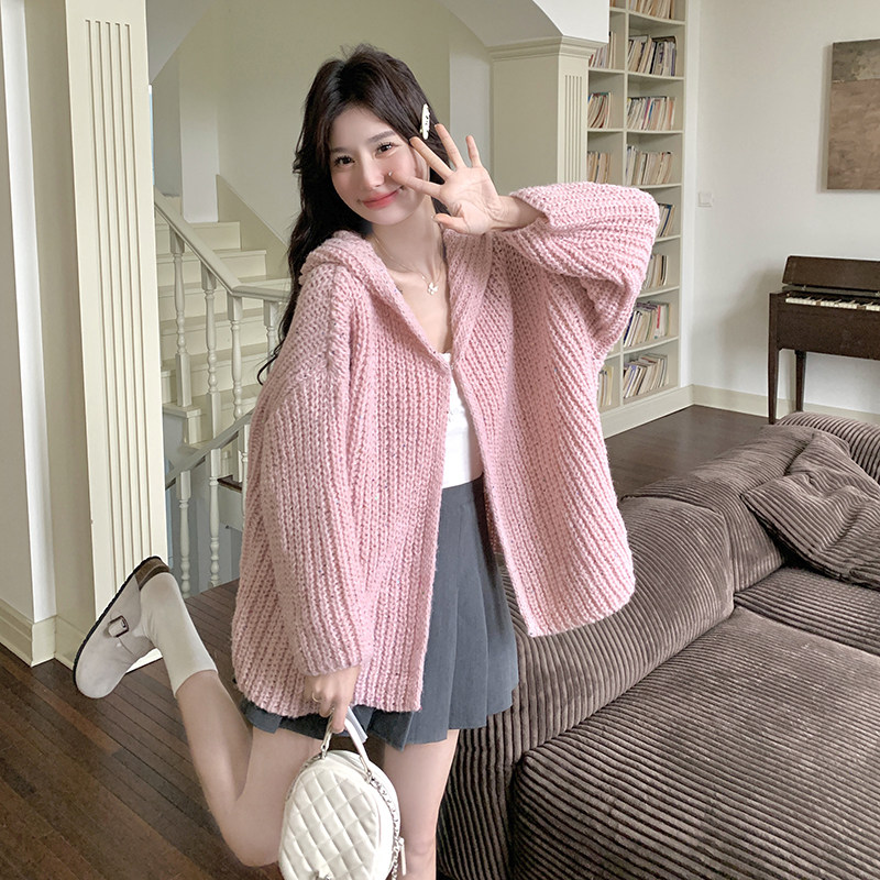 甜美减龄连帽针织衫外套女2025年春秋季新款韩系宽松休闲开衫上衣图片