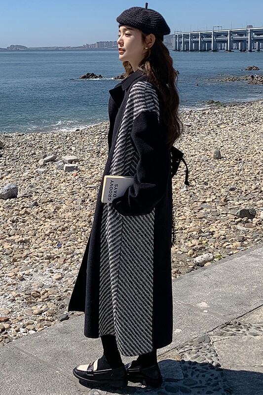 赫本风拼接毛呢外套女2024冬季新款加厚韩系过膝修身显瘦呢子大衣,女装毛呢外套,依依服饰