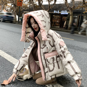 设计感韩版印花撞色连帽羽绒服女冬超火好看高级小众短款加厚外套图片