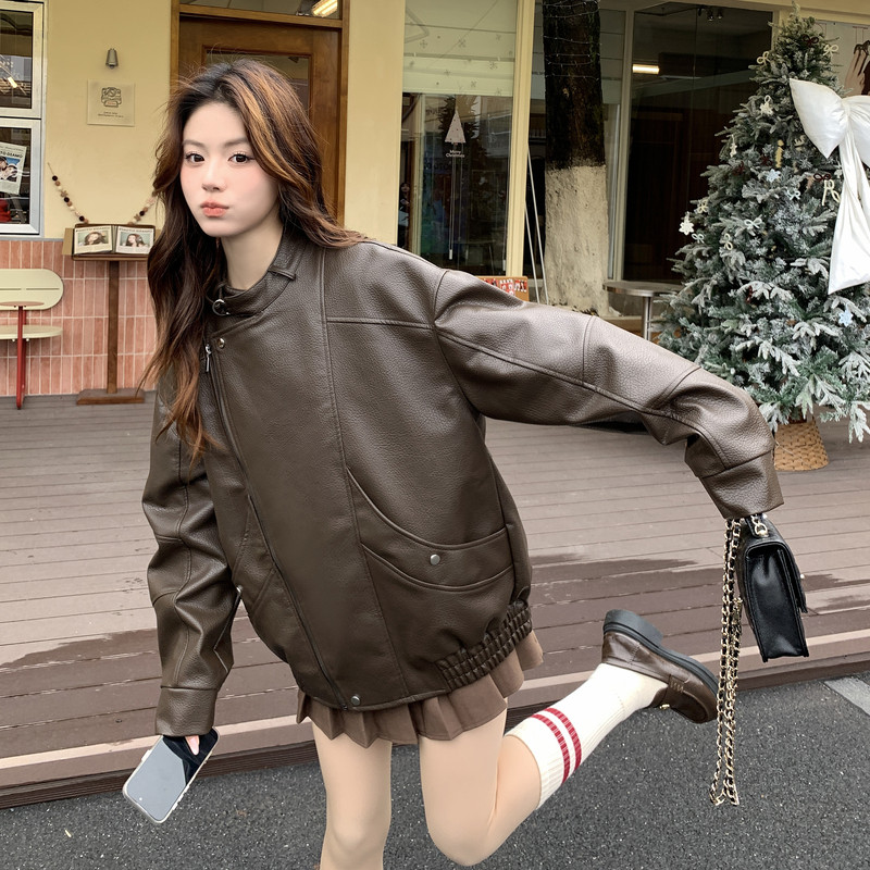 【现货】美拉德咖色复古机车皮衣外套B001-8610-P175控288，女装皮衣，依依服饰