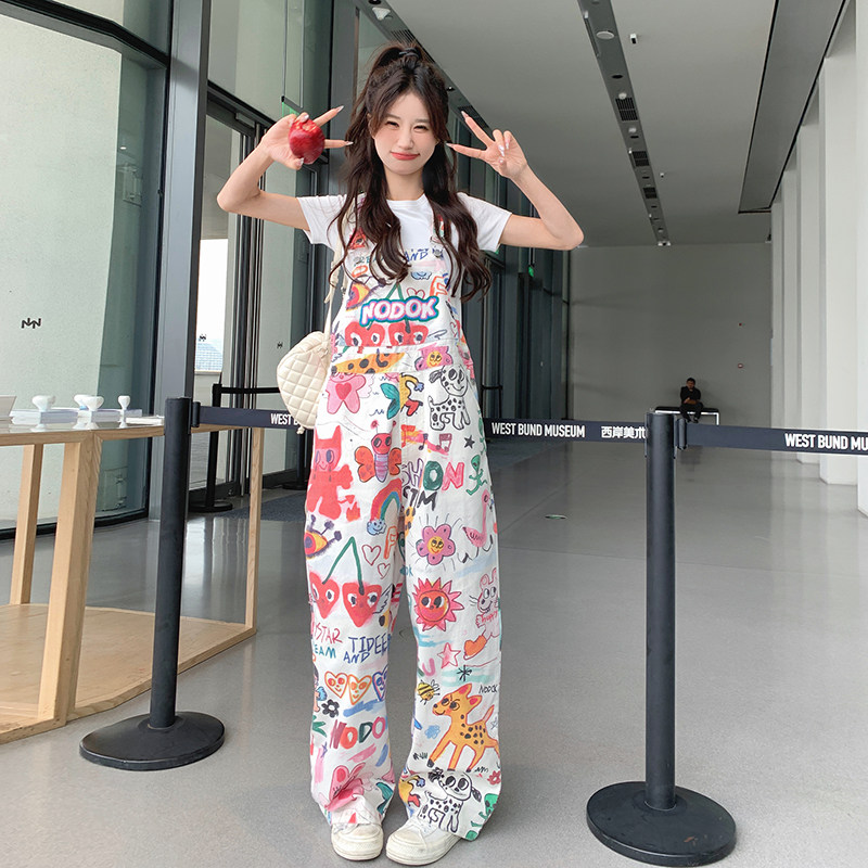 街头嘻哈风个性涂鸦工装背带裤女夏2025年新款阔腿休闲宽松裤子潮，商品下架区商品下架区，依依服饰