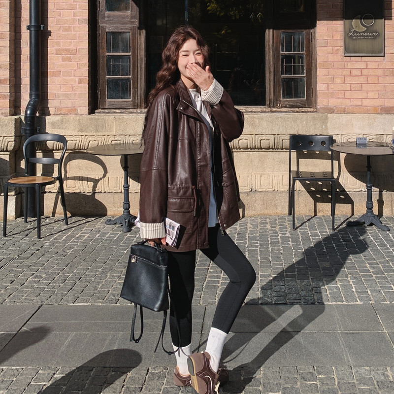 【现货】韩版拼接酷飒工装风皮衣外套B001-8612-P180控288，女装皮衣，依依服饰