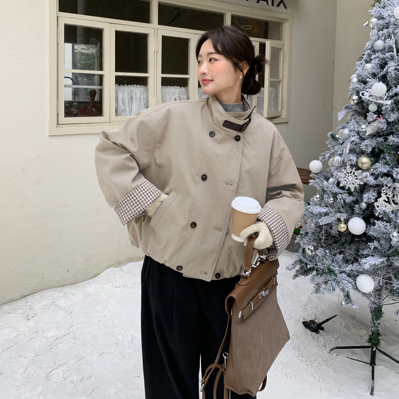 【现货】格子拼接工装派克90绒羽绒服B001-M201-P325控468,女装羽绒服,依依服饰