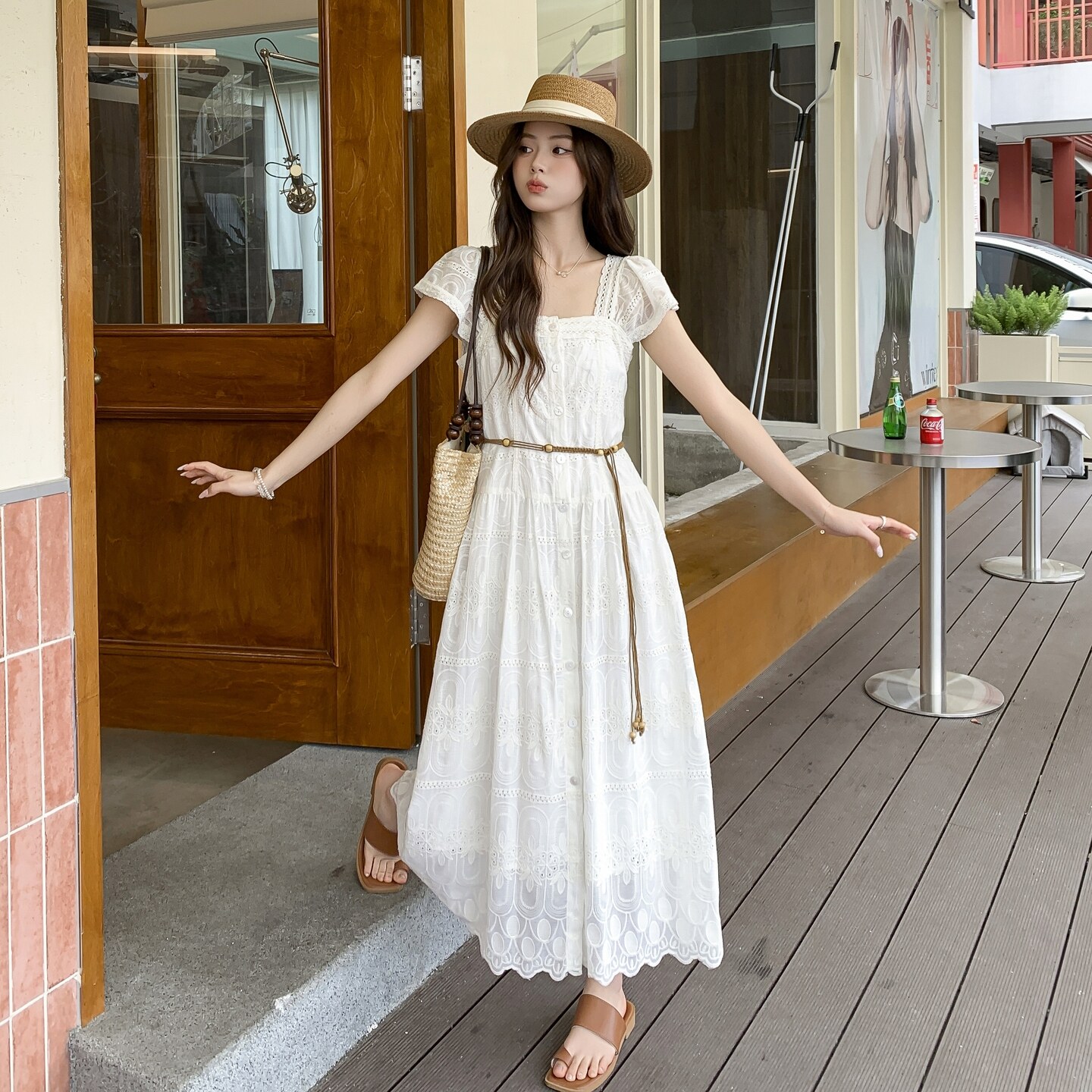 【大货】飞飞袖蕾丝镂空连衣裙2C521-8709-P155控248配腰带，女装连衣裙，依依服饰