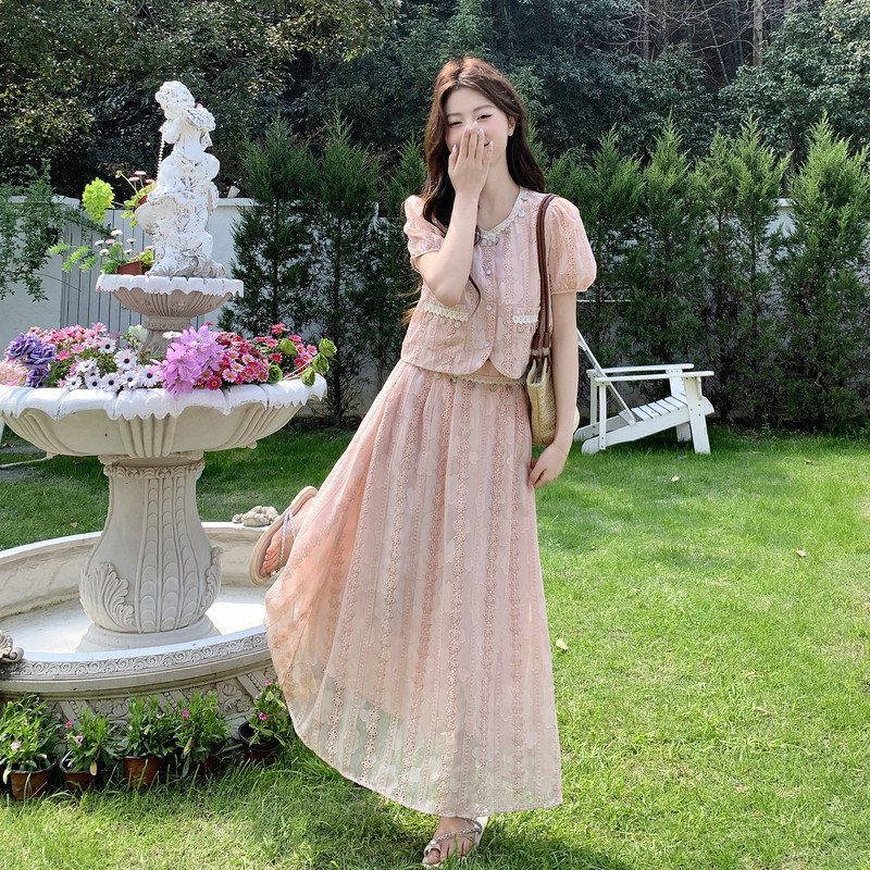 【现货】韩系粉色甜美蕾丝提花刺绣套装2C521-8701-P175控288，女装套装/套裙，依依服饰