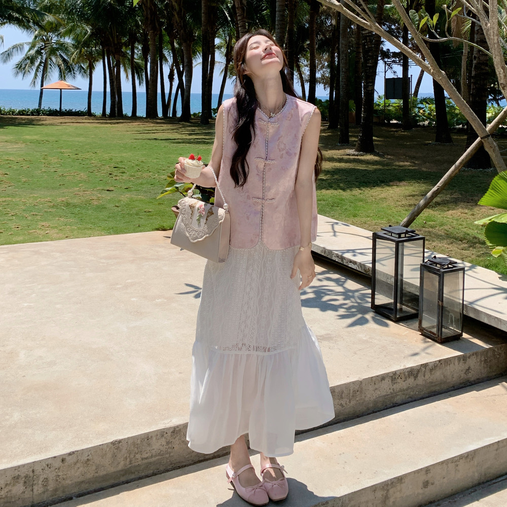 现货足！风刺绣马甲背心蕾丝连衣裙俩件套8060-P195控278，女装套装/套裙，依依服饰