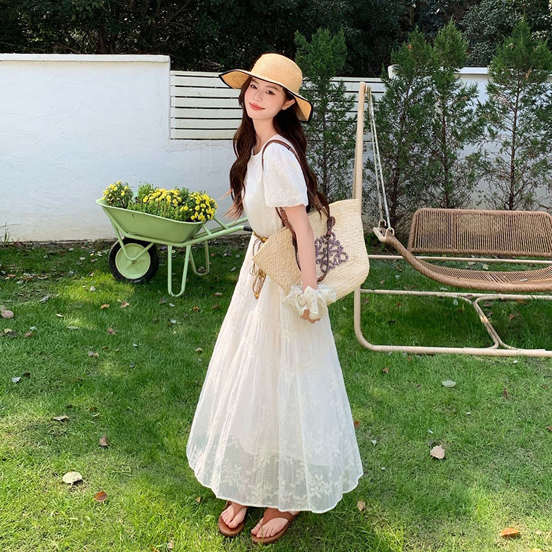 【现货】蕾丝刺绣度假风连衣裙2C521-8707-P135控218（配腰带，女装连衣裙，依依服饰