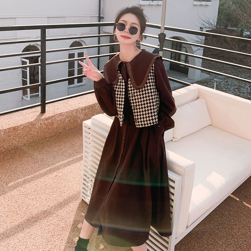 法式南瓜色娃娃领长袖连衣裙女春秋2025年新款温柔风气质收腰长裙，女装连衣裙，依依服饰