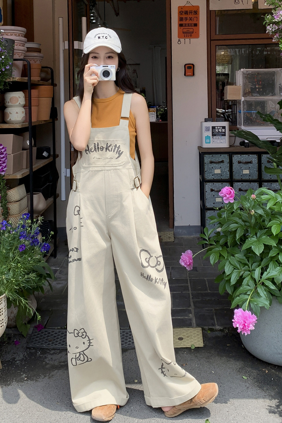 新品！韩版甜美减龄kitty印花宽松背带裤2C521-8729P145控238,女装连体裤,依依服饰