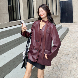 安可拉红高级感御姐风PU皮西装外套女2025秋新款盐系复古轻熟西服图片