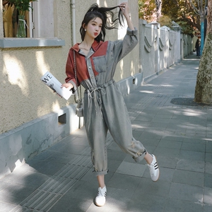 长袖牛仔连体裤女春秋季2025新款小个子设计感宽松休闲阔腿连衣裤图片