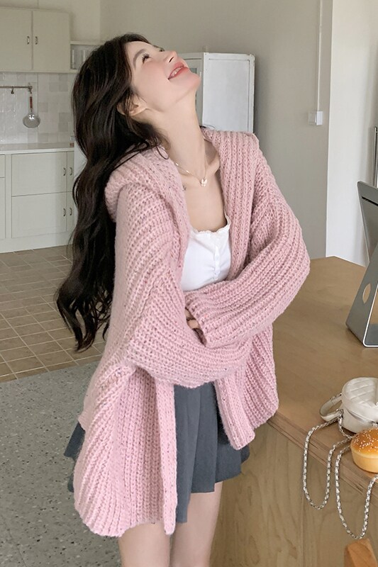 甜美减龄连帽针织衫外套女2025年春秋季新款韩系宽松休闲开衫上衣,女装卫衣/绒衫,依依服饰