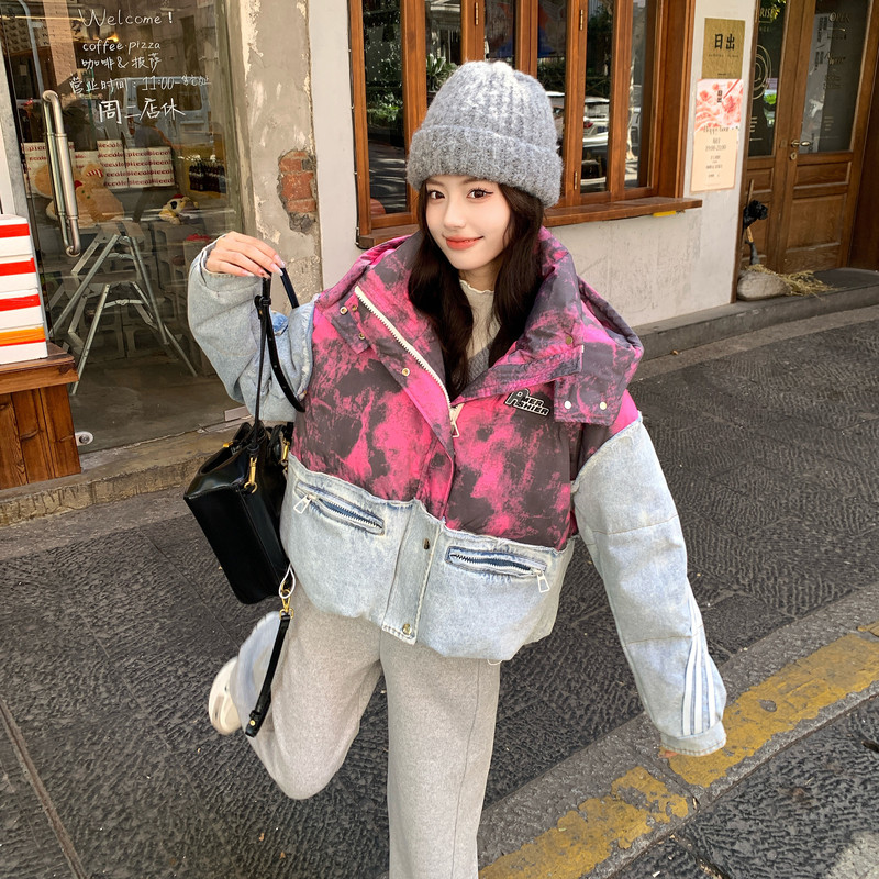 【新品现货】牛仔晕染拼接50绒羽绒服B001-M211-P310控438,女装羽绒服,依依服饰