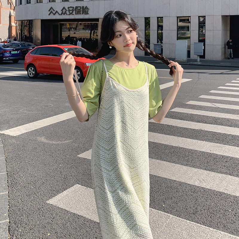 法式白色宽松蕾丝长裙女夏2025新款吊带连衣裙叠穿t恤裙两件套装,女装套装/套裙,依依服饰