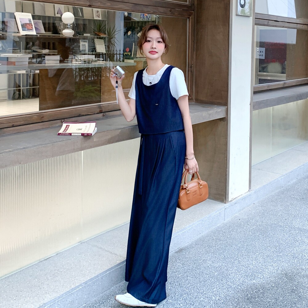 时尚洋气薄款牛仔马甲背心套装女夏季新款休闲显瘦t恤长裤三件套,女装套装/套裙,依依服饰