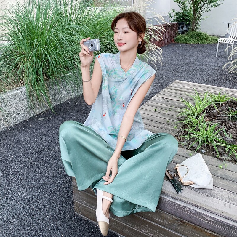 大货！新中式风彩色印花上衣+阔腿裤两件套8079P155控228,女装套装/套裙,依依服饰