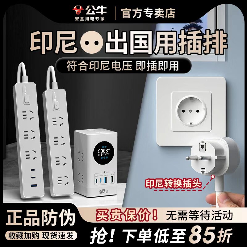 公牛印尼专用插排插座转换器印尼转换插头留学旅行充电用