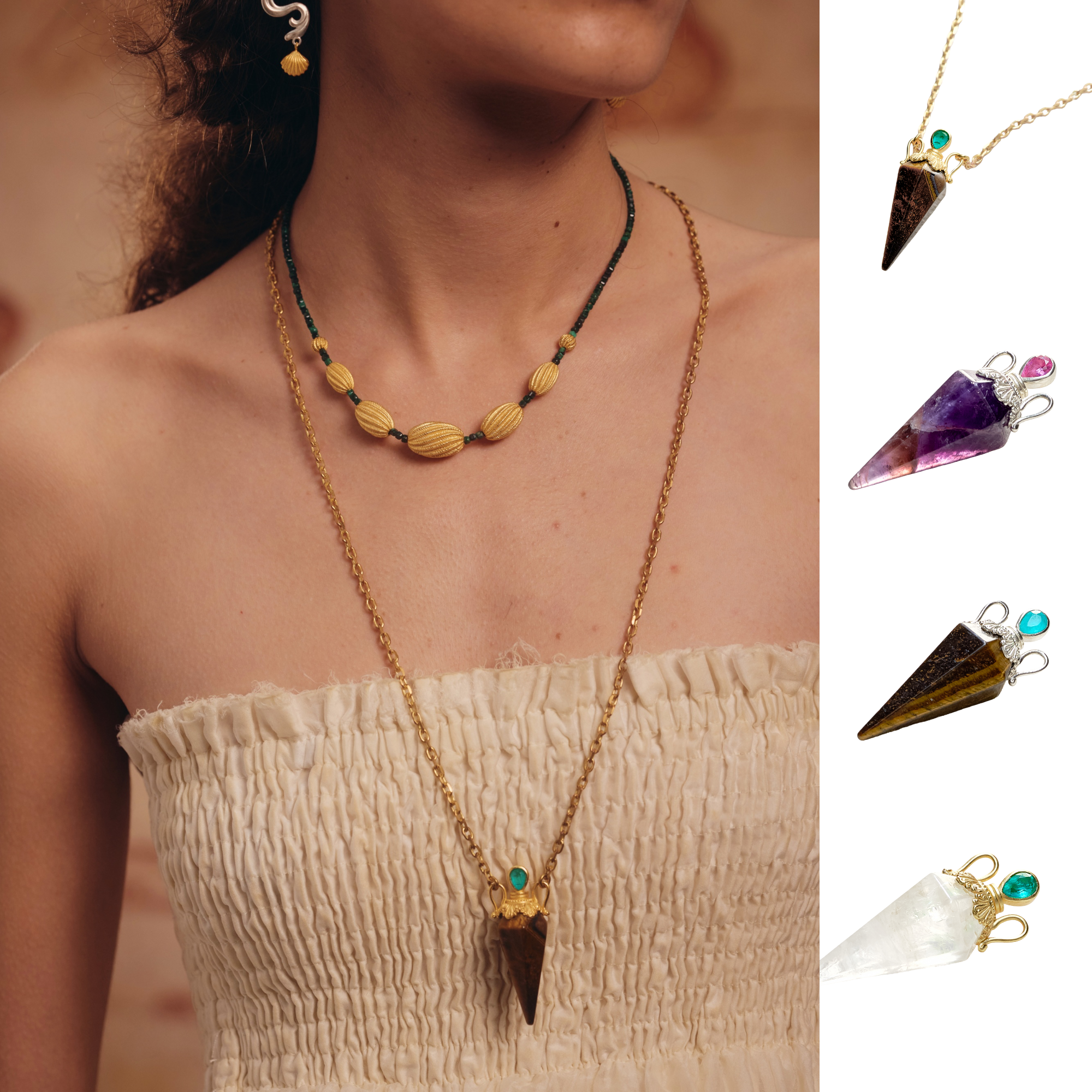 APT702 26SS 925银/黄铜镀金虎眼石/紫水晶/白水晶瓶形吊坠项链