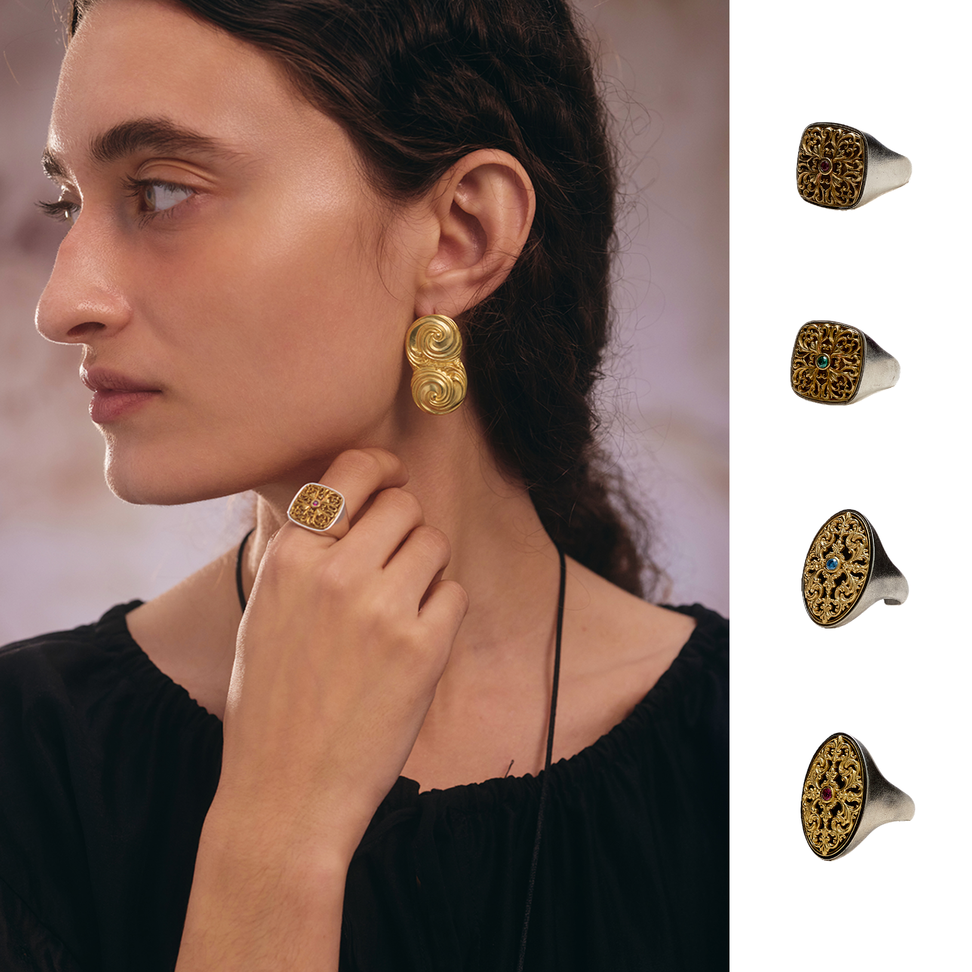 APT702 26SS 925银/黄铜镀金镶嵌锆石浮雕方形/椭圆形印章戒指