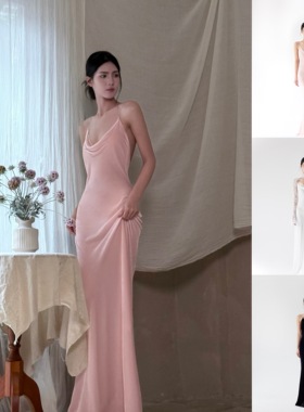 Tsuki曙月 奶油白缎面/柔粉色/黑色丝绒面链条露背长裙