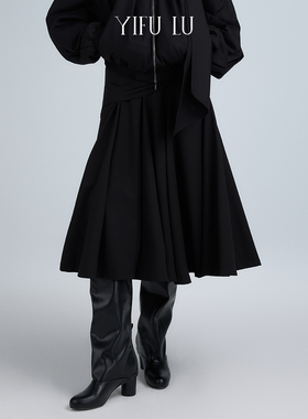 YIFU LU 25AW 秋冬新品 黑色腰饰羊毛廓形伞裙