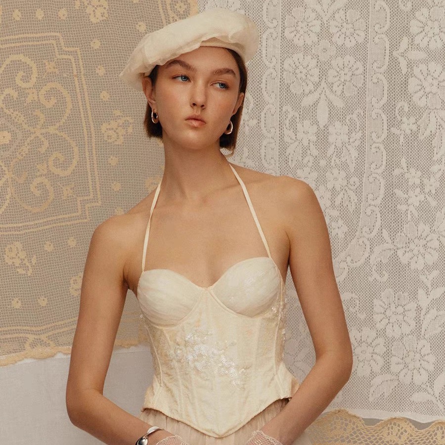 Deplumer 25春夏 雾月白冷染亮片蕾丝吊带度假胸衣+宽松绣花长裤