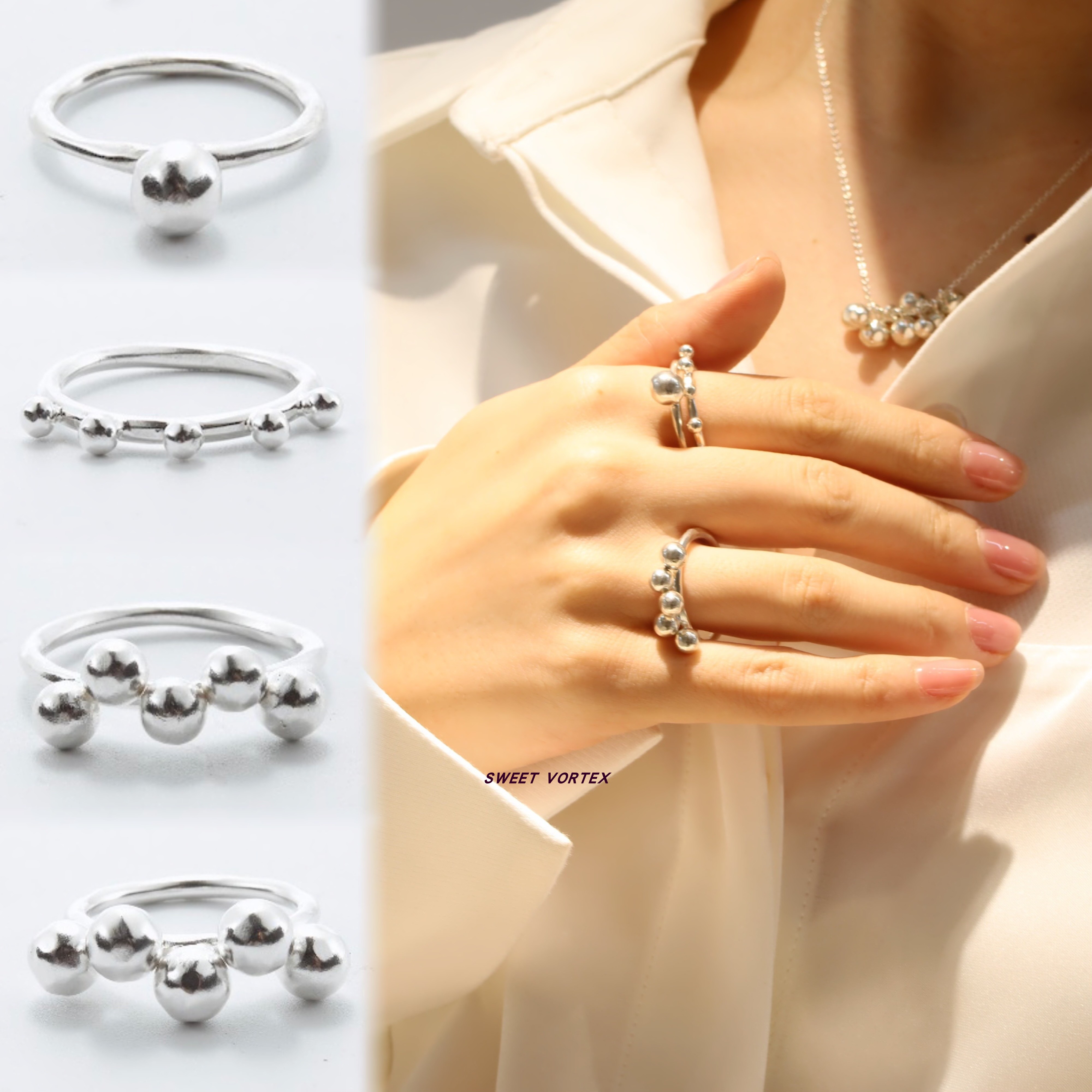 EnSage Dot Ring 925银波点叠戴素圈手工戒指