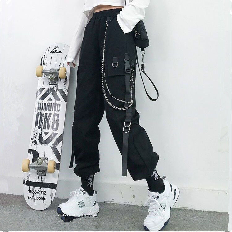 美式帅气个性可拆卸背带链条束脚工装裤女宽松显瘦高腰直筒裤子女