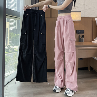 实拍美式潮牌粉色工装裤女薄/加绒高腰显瘦阔腿宽松束脚休闲裤子