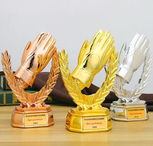 高档树脂镀金足球奖杯门将奖 新款金手套守门员奖杯定制 足球奖杯