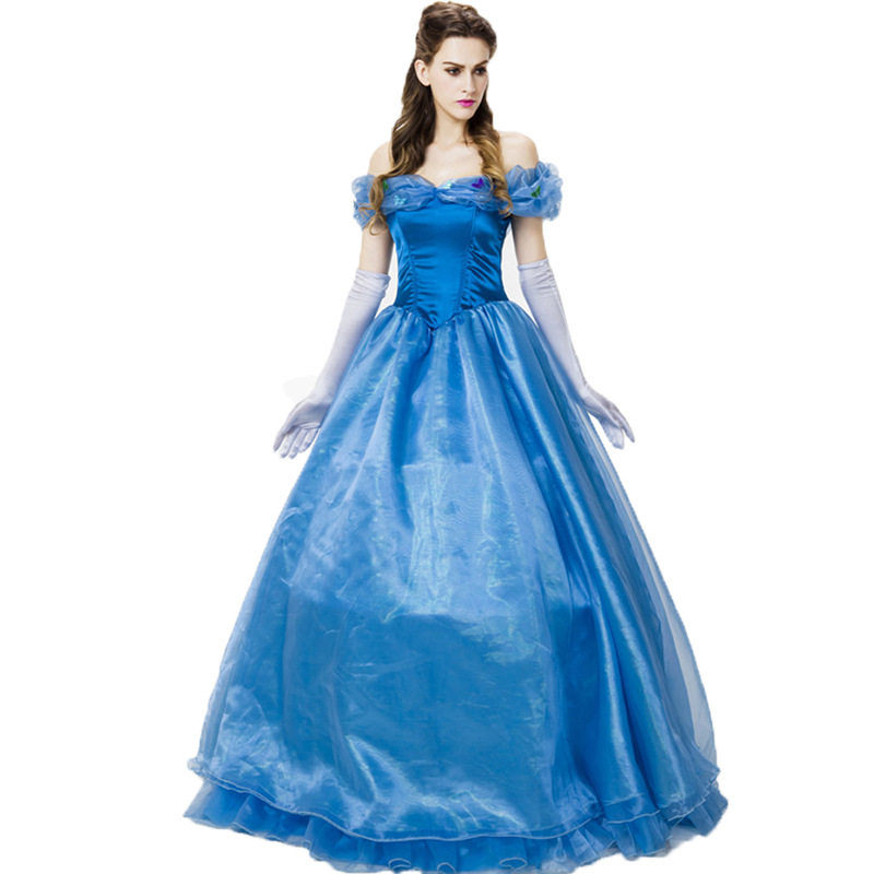万圣节成人公主裙灰姑娘COS角色扮演蓝色连衣裙化装舞会晚礼服