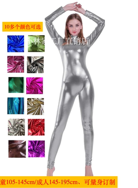 女士闪亮金属亮面 Unitard高领长袖无脚烫金紧身连衣裤成人舞蹈服