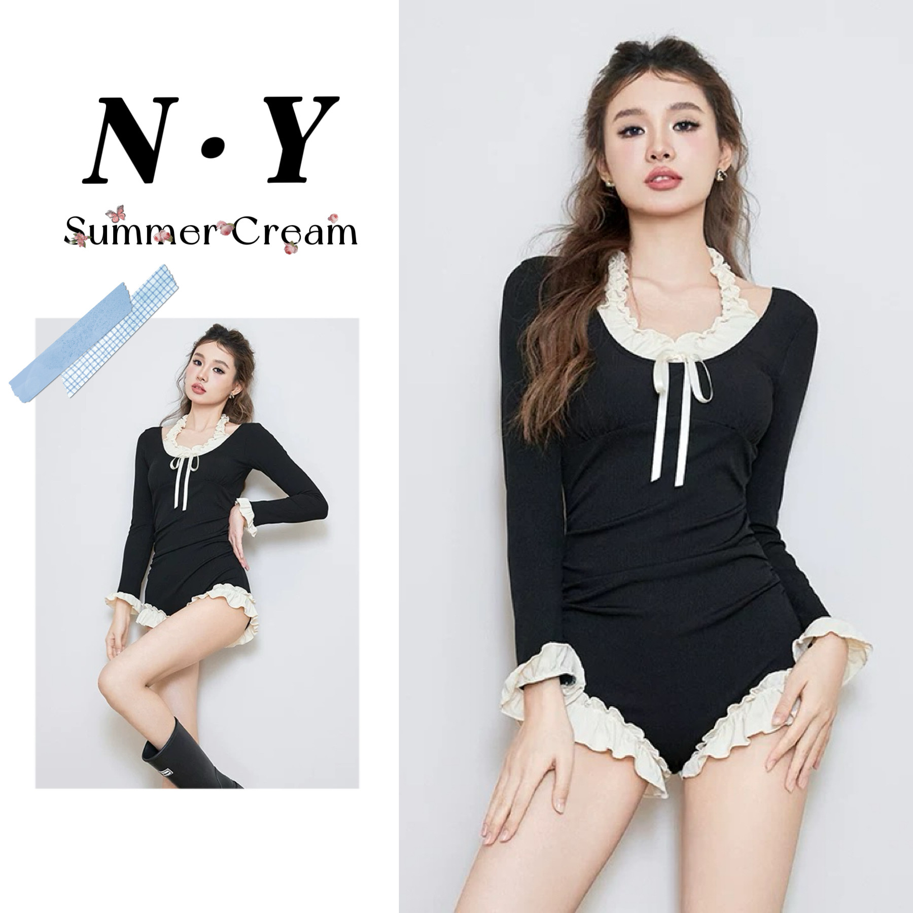 泳衣女连体2025新款黑色长袖带胸垫保守显瘦遮肚子学生度假泡温泉