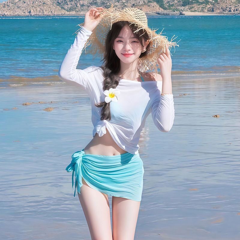 2025新款分体小胸聚拢性感罩衫防晒比基尼大码显瘦纯欲泳衣女度假