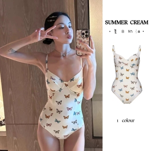 2024新款 纯欲辣妹性感高级感蝴蝶印花小胸遮肉显白度假连体泳衣女