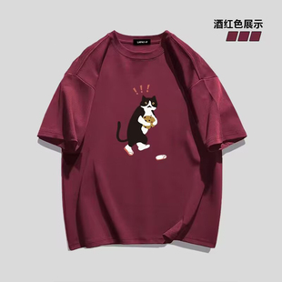 重磅纯棉日系个性设计感猫咪短袖t恤情侣款休闲潮牌ins夏季上衣男