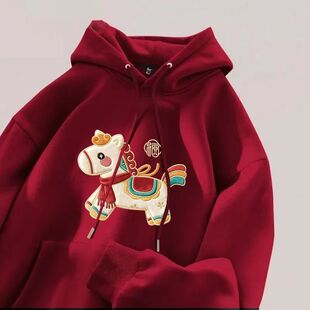 银狐绒秋冬季趣味福气小马印花连帽卫衣男女潮流宽松百搭加绒外套
