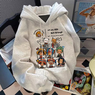 百搭ins宽松外套 银狐绒港风潮流海贼王印花连帽卫衣男学生秋冬季