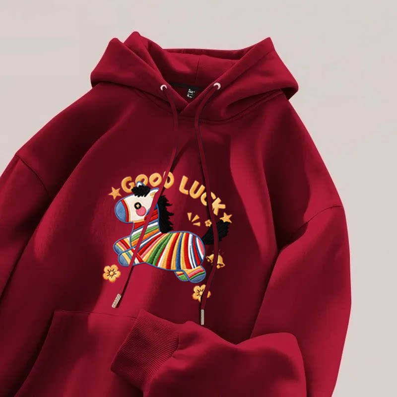 银狐绒美式潮流新年涂鸦小马印花连帽卫衣情侣秋冬休闲宽松上衣男