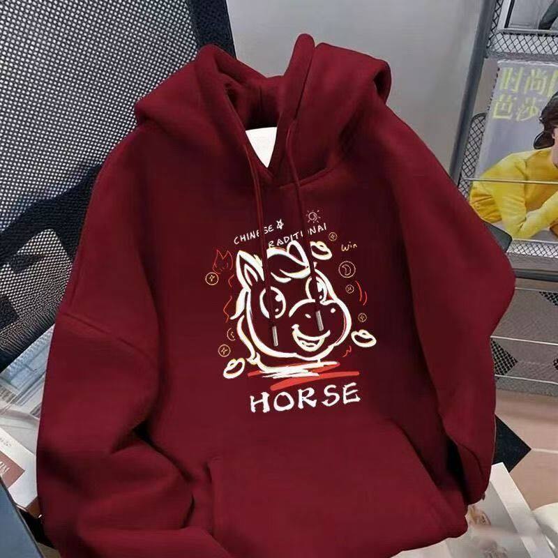 银狐绒港风潮流涂鸦小马连帽卫衣情侣款ins秋冬休闲宽松上衣男女