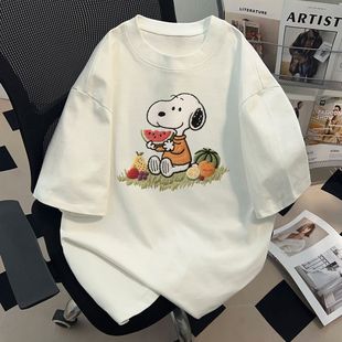 潮流ins休闲夏季 T恤情侣装 上衣男 街头史努比印花短袖 重磅纯棉美式
