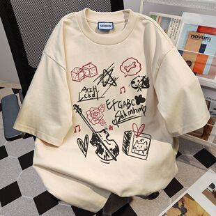重磅纯棉韩版潮牌设计感涂鸦印花短袖T恤男女百搭宽松夏季ins上衣