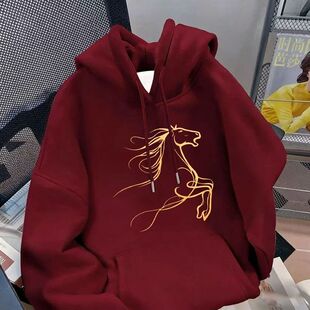 银狐绒本命年马年印花连帽卫衣情侣装休闲秋冬季宽松潮流上衣男女
