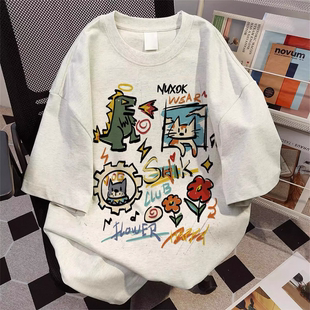 重磅纯棉韩版卡通恐龙印花短袖T恤情侣款ins潮牌夏季宽松上衣男女