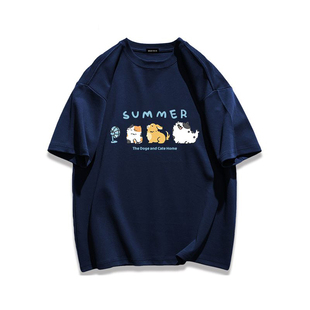 重磅纯棉港风潮流卡通小猫印花短袖T恤男女百搭宽松夏季BF风上衣