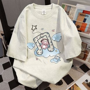 ins潮牌休闲宽松上衣男女 T恤情侣装 重磅纯棉夏季 创意音符天使短袖