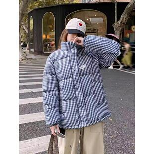 FPMZ撞色翻领小蓝格子90白鸭绒羽绒服袖子抽绳蝴蝶结绑带棉服外套